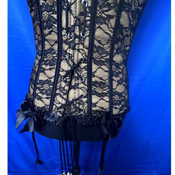 Womens Sz L Lace Corset Bow Ren Faire Valentines Lingerie Sexy Ruffle Boudoir - Picture 7 of 14